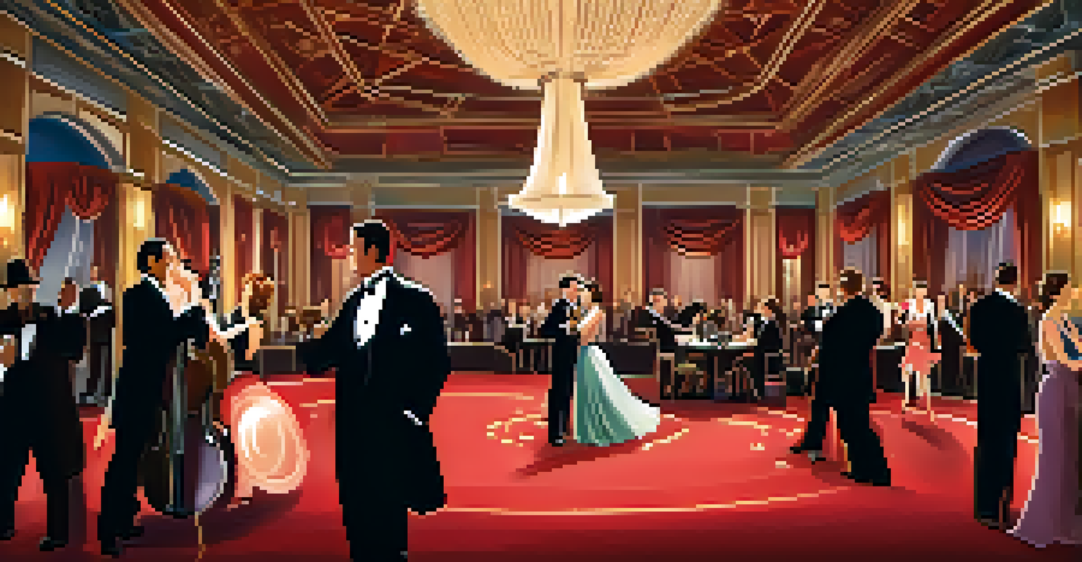 A 1920s ballroom set for a film adaptation, with chandeliers, elegant decor, and guests dancing in period attire.