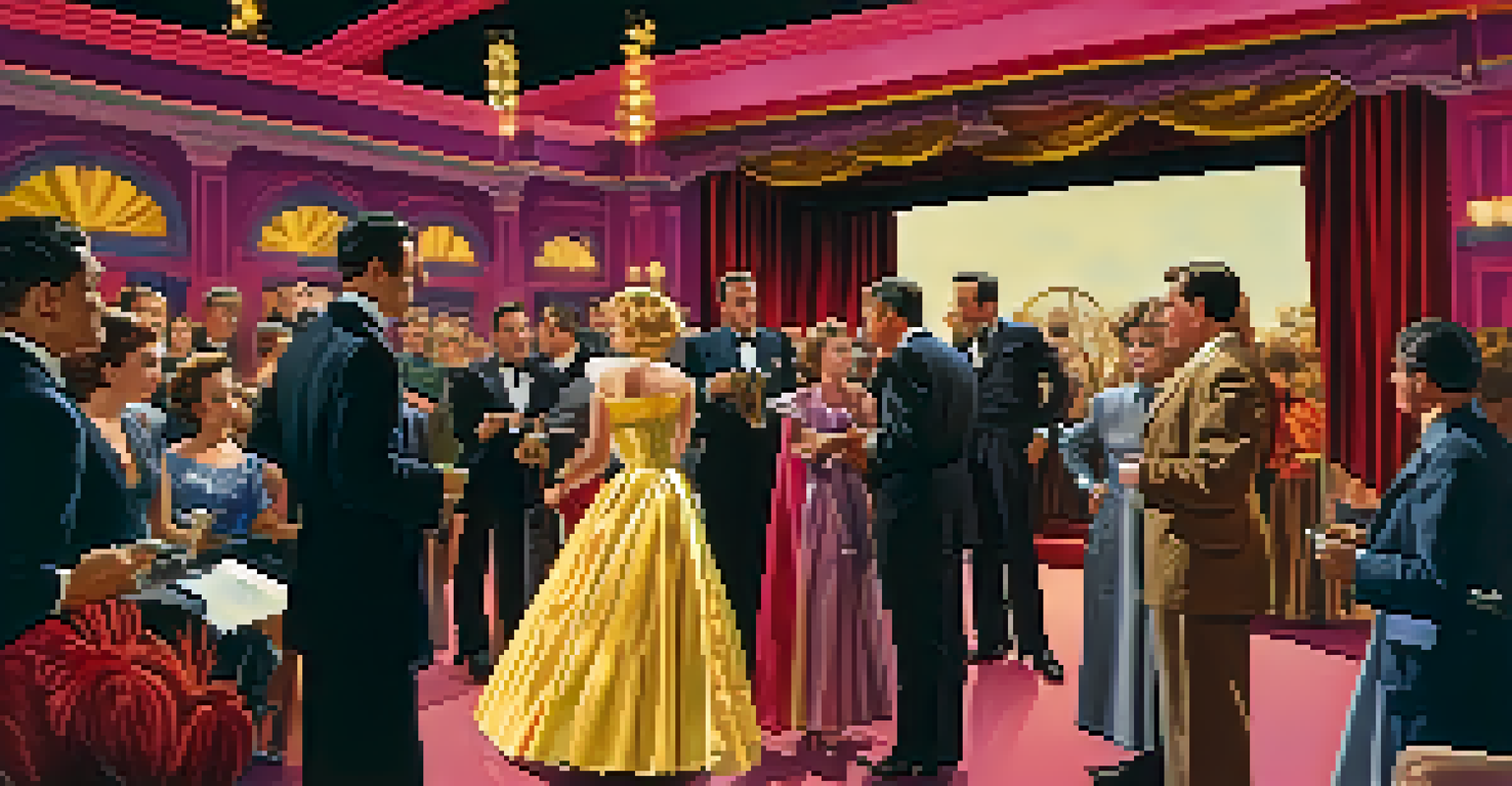 A 1950s film set with a director, actors in period costumes, and crew members adjusting equipment, showcasing the glamour of the era.