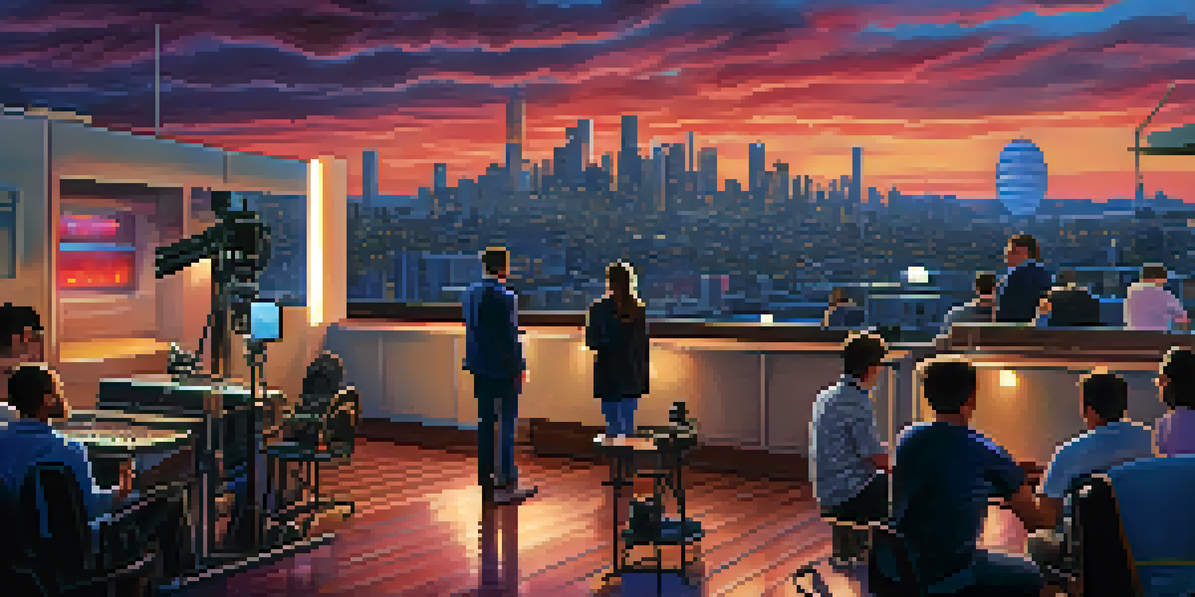 A bustling film set with colorful lights and a camera crew, against a city skyline during sunset.