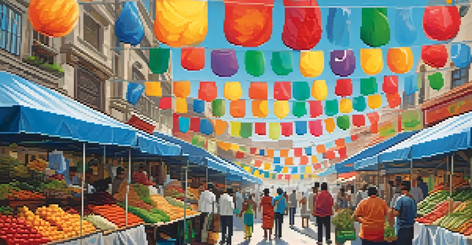 A lively street market filled with vendors and shoppers from diverse cultures, selling colorful goods and interacting with one another.