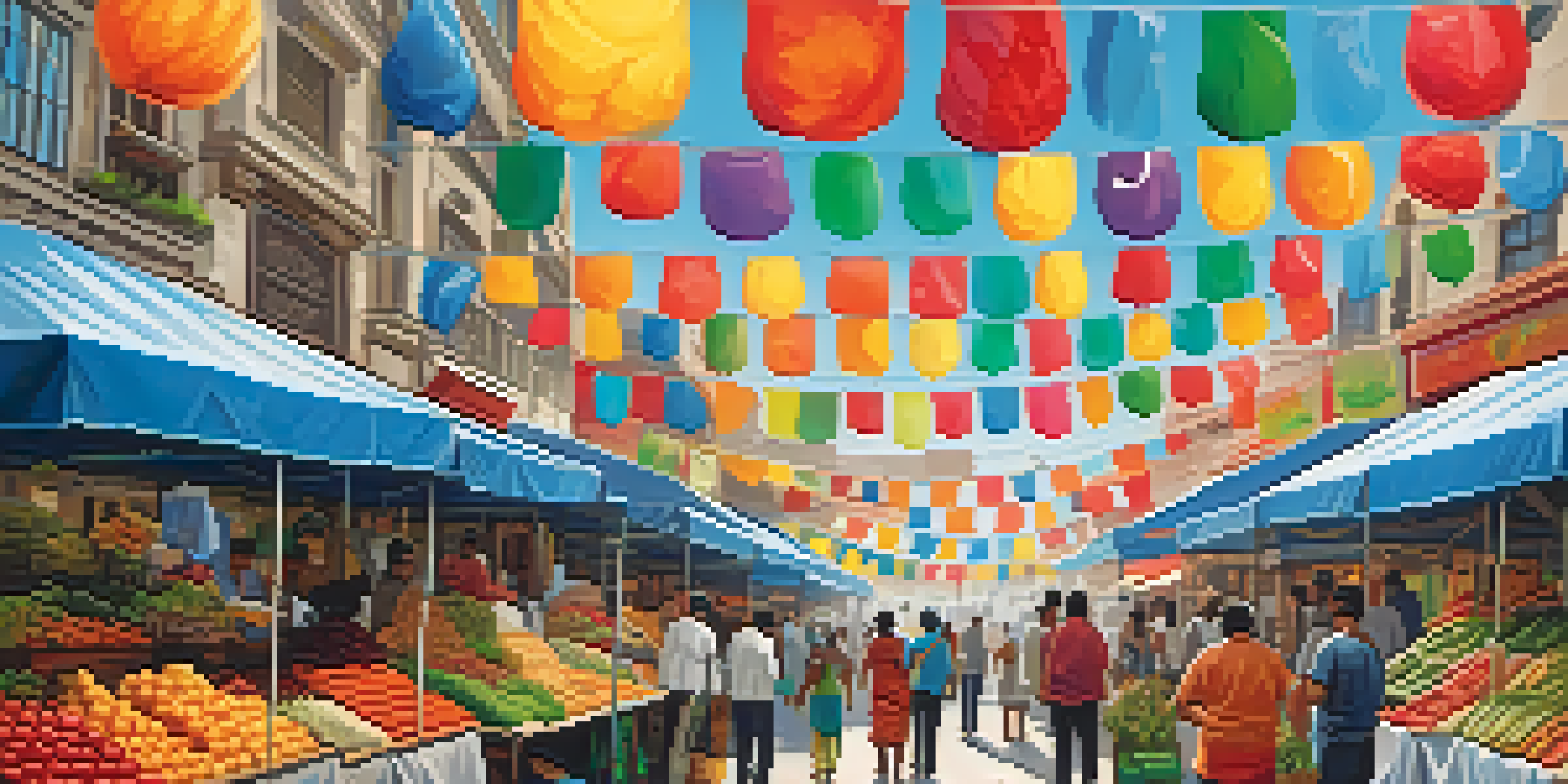 A lively street market filled with vendors and shoppers from diverse cultures, selling colorful goods and interacting with one another.