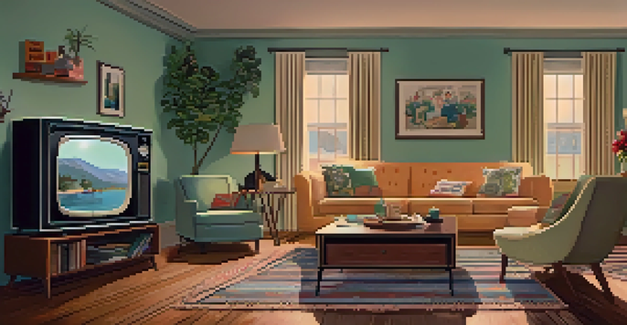 A family enjoying a sitcom in a 1950s living room with vintage decor and a warm ambiance.