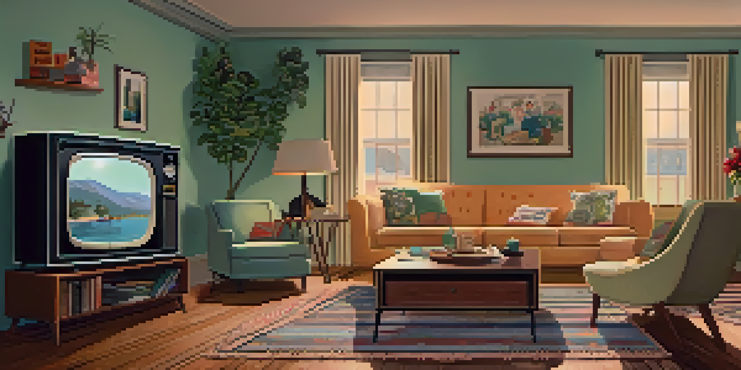 A family enjoying a sitcom in a 1950s living room with vintage decor and a warm ambiance.