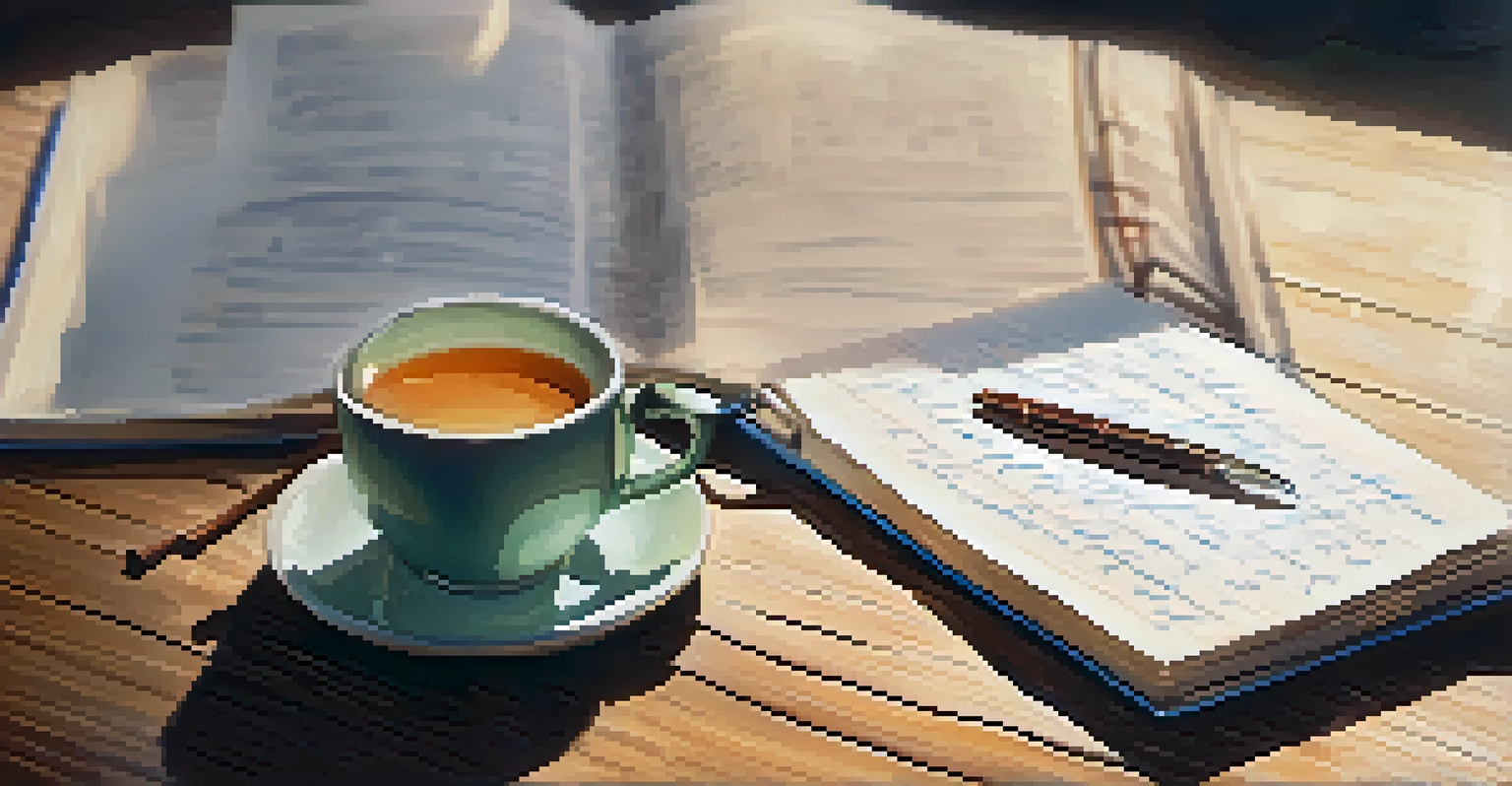 A close-up of a notebook with handwritten dialogue, tea, and glasses on a table.