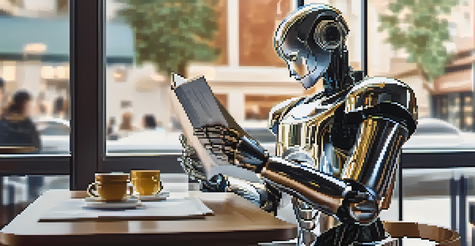 A humanoid robot in a café, sipping coffee and reading a book, showcasing a blend of technology and humanity in a warm atmosphere.