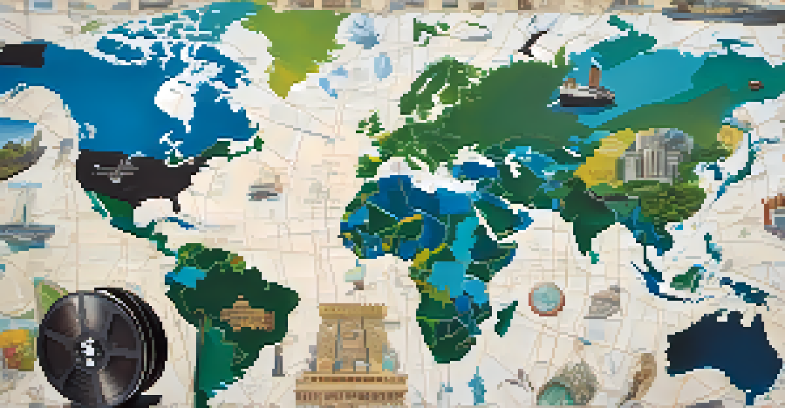 An artistic depiction of a film reel unraveling over a world map, showcasing Hollywood's global reach.