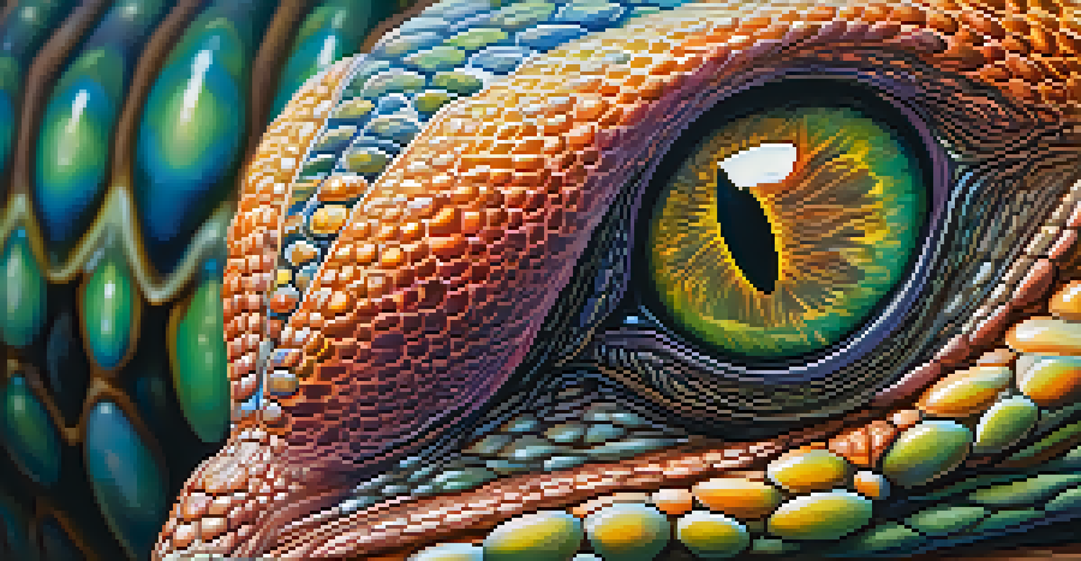 A detailed close-up of an alien creature with shiny scales and large eyes, set against a softly blurred background.