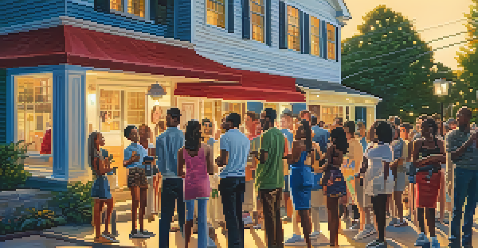 A vibrant street scene with fans holding signs and smartphones outside a celebrity's home during sunset.