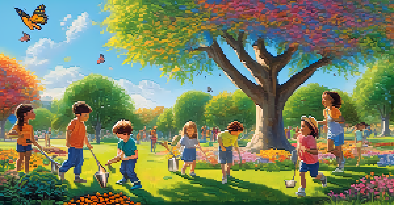 Children of diverse backgrounds planting trees in a colorful park under a bright blue sky, surrounded by flowers and butterflies.