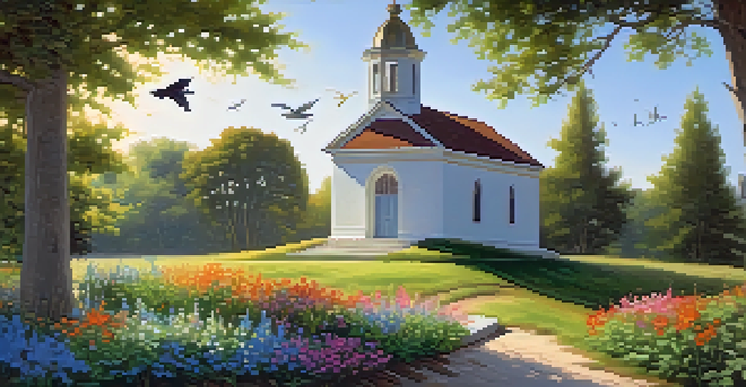 A small chapel surrounded by greenery and colorful flowers under a blue sky, conveying a peaceful atmosphere.