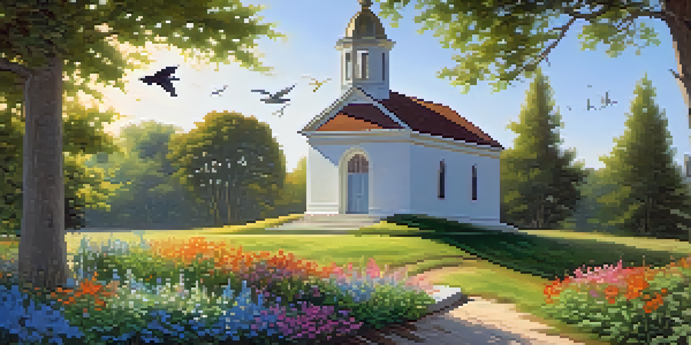 A small chapel surrounded by greenery and colorful flowers under a blue sky, conveying a peaceful atmosphere.
