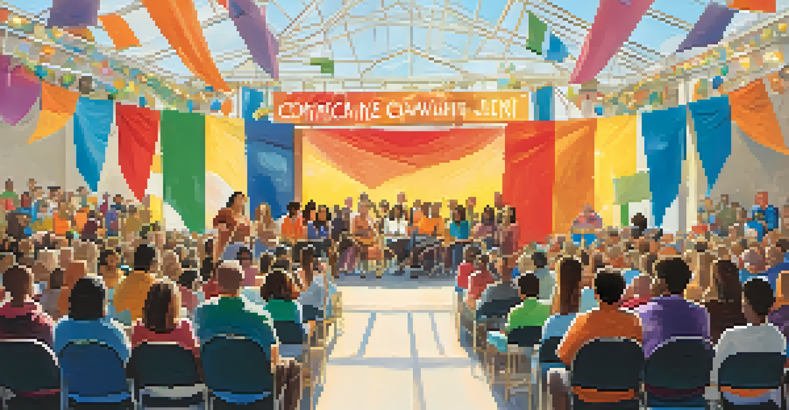 A community event where individuals with disabilities share their stories on stage, decorated with colorful banners promoting inclusivity.