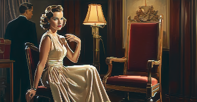 A vintage film set showcasing a female actress in a 1940s elegant gown, with soft lighting and a classic studio background.