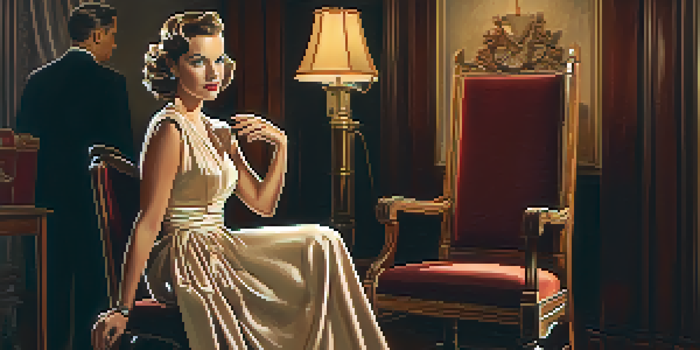 A vintage film set showcasing a female actress in a 1940s elegant gown, with soft lighting and a classic studio background.