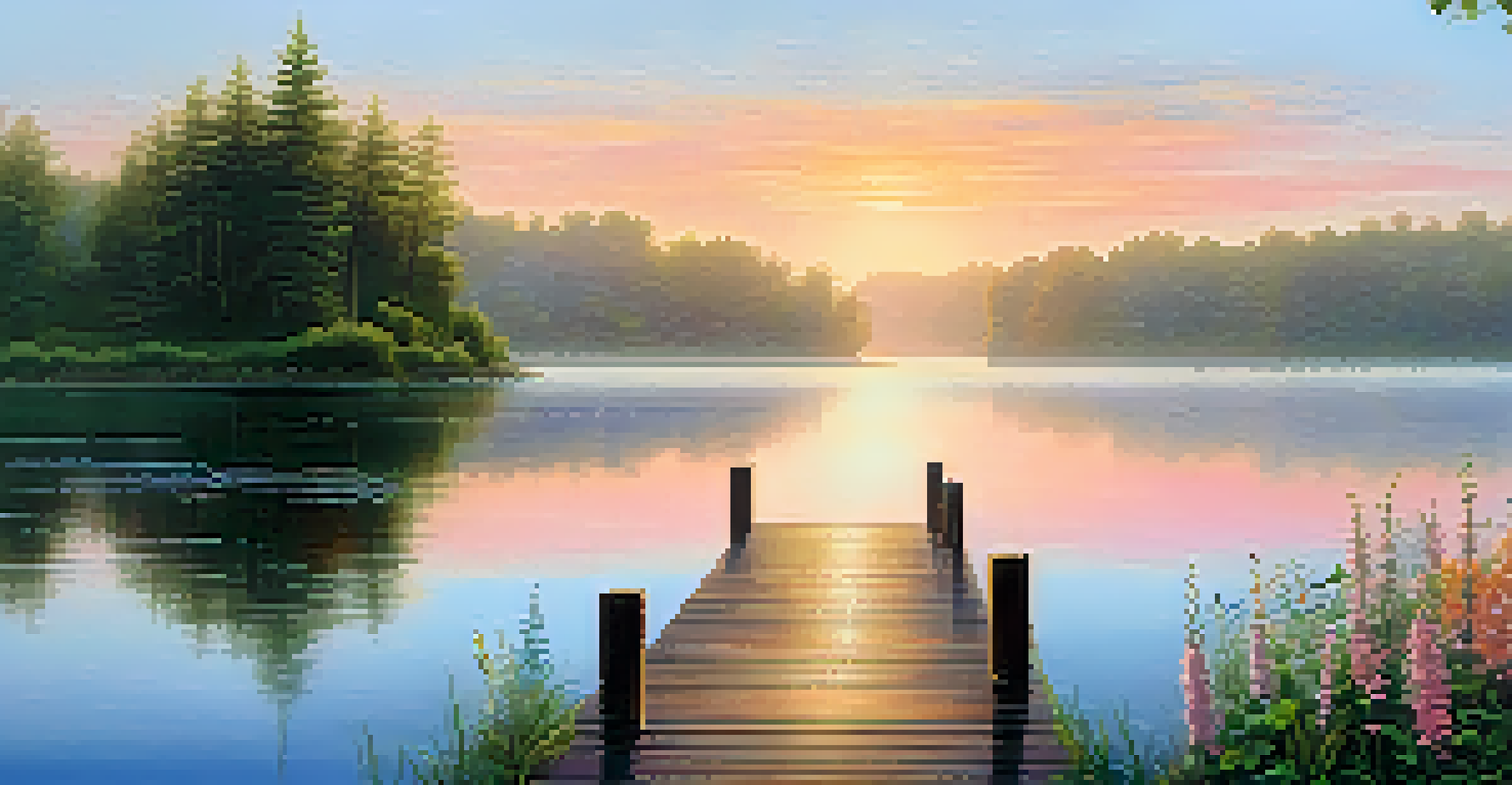 A peaceful lakeside scene at sunrise, with a wooden dock extending into the misty lake, surrounded by vibrant greenery and wildflowers, under a colorful sky.