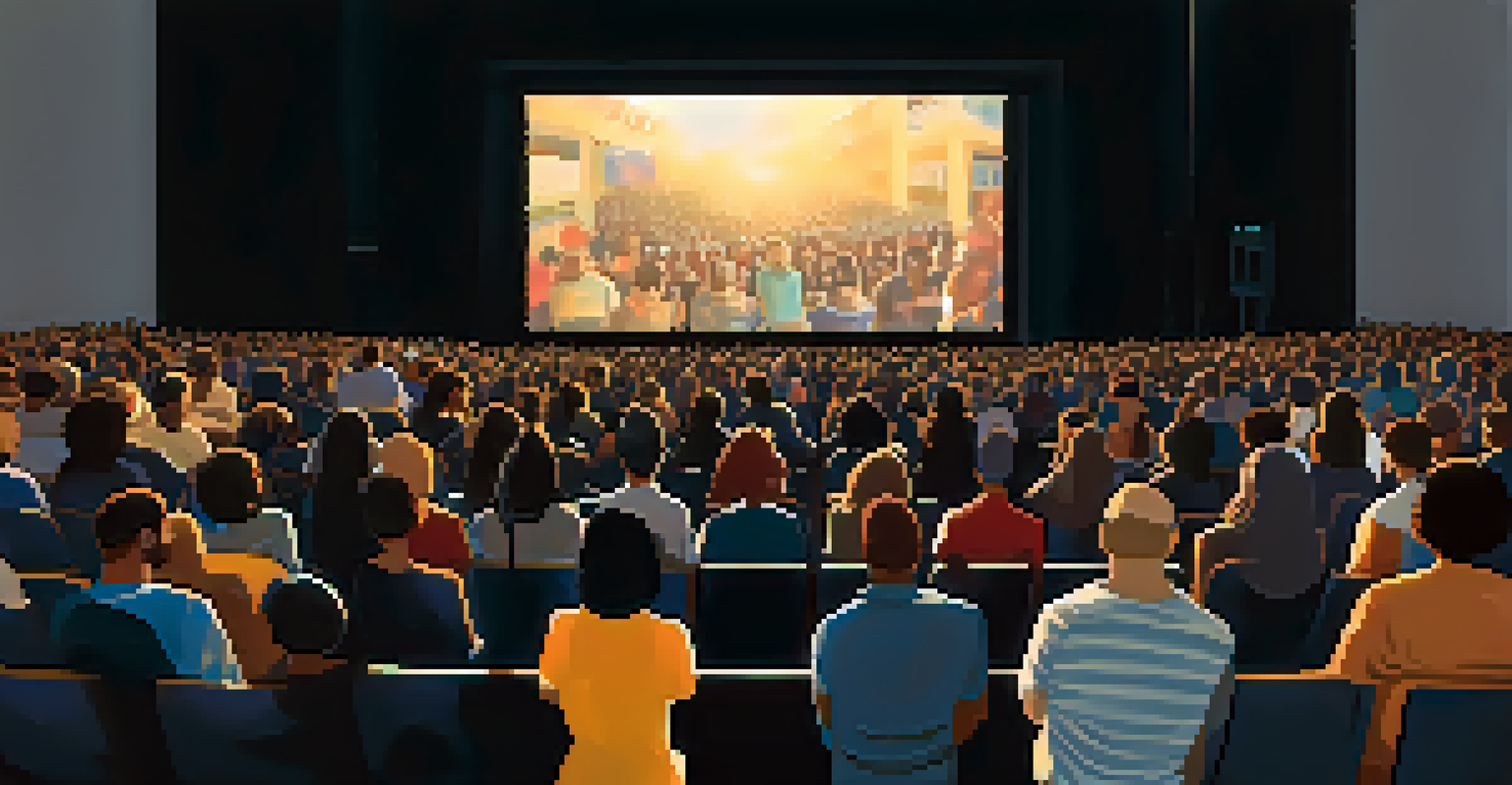 An audience captivated by a documentary screening on social justice, illuminated by the glow of a large screen.