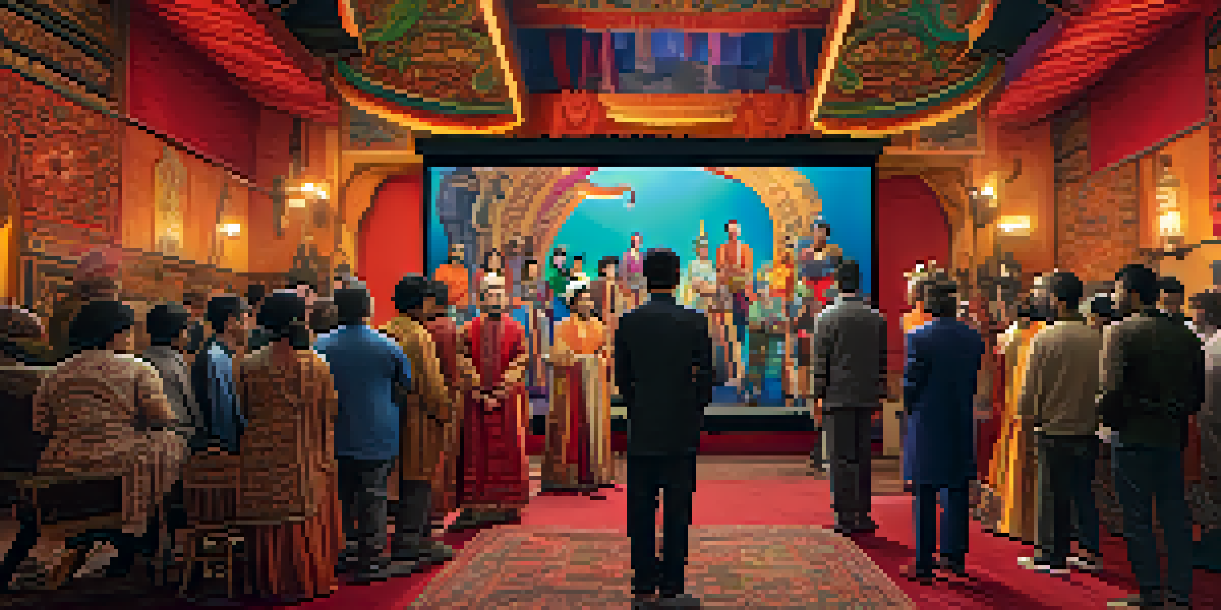 A group of diverse filmmakers collaborating on a movie set, featuring traditional costumes and film equipment.