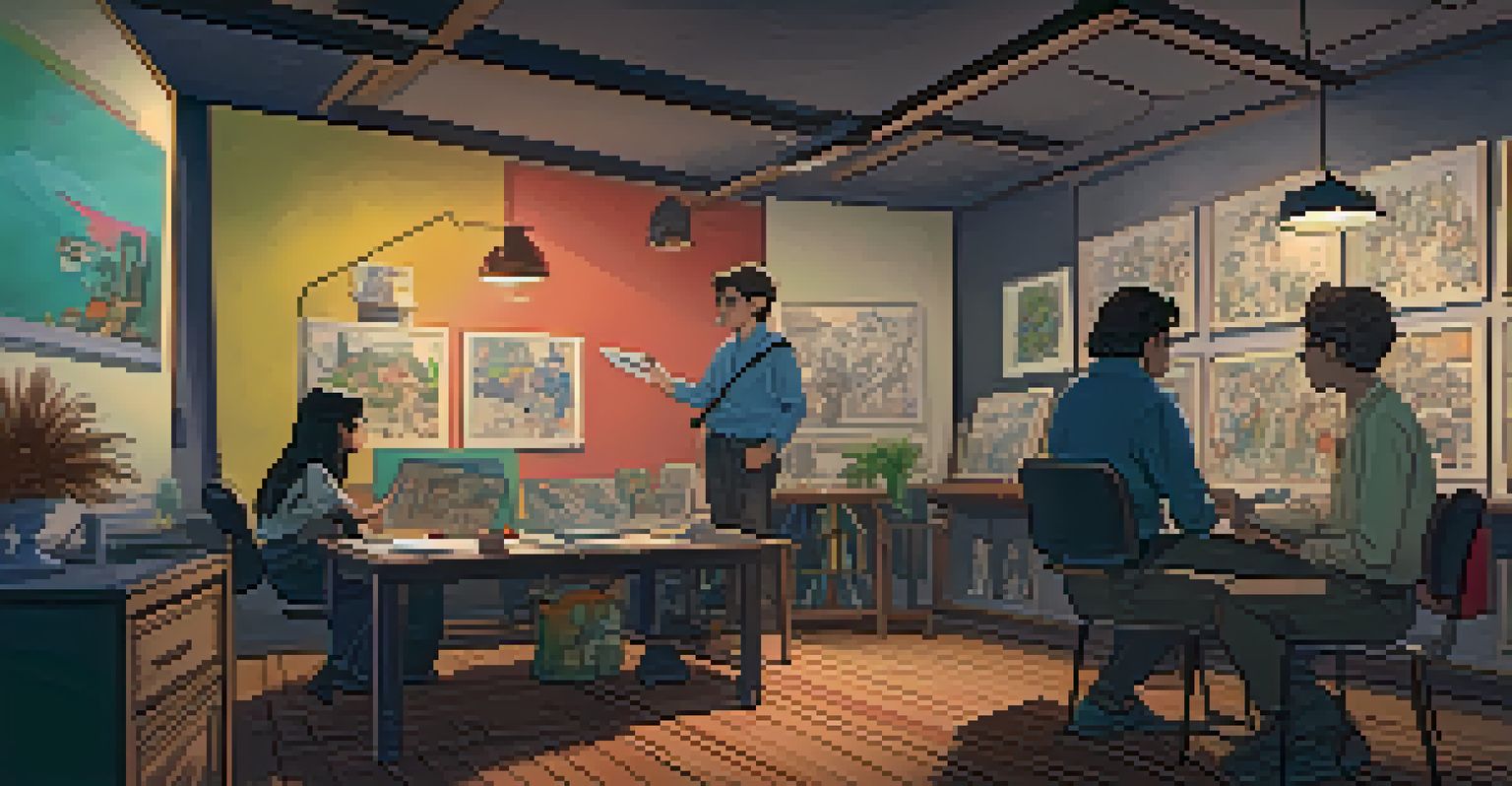 A group of animators in a collaborative space discussing projects with storyboards around them.