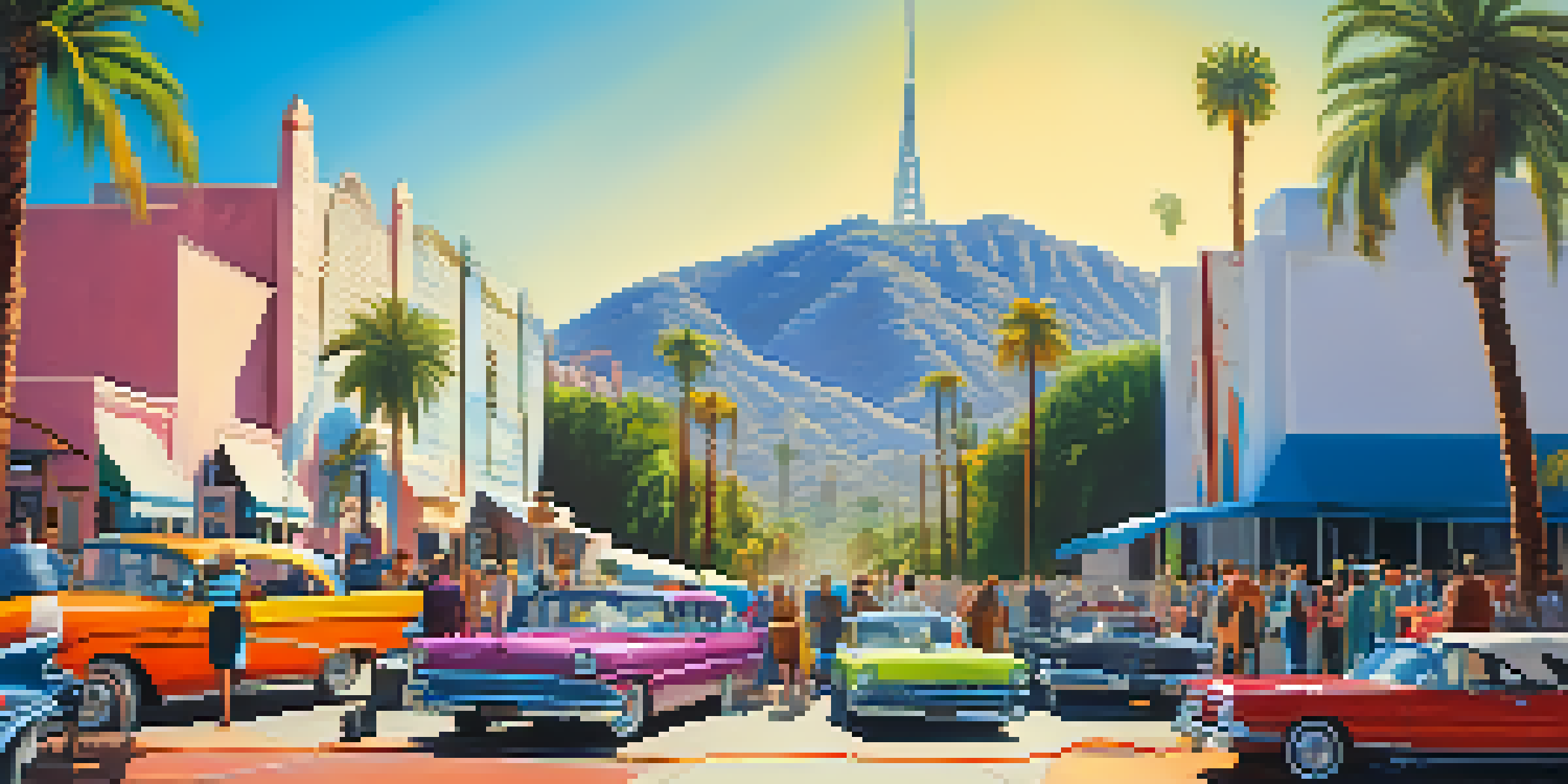 A diverse group of filmmakers and actors collaborating on a Hollywood movie set, with iconic landmarks and bright studio lights.