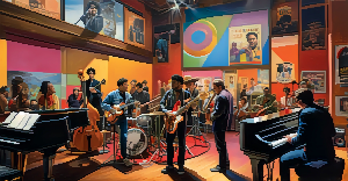 A lively film set where diverse musicians collaborate on a soundtrack, surrounded by colorful film posters and warm light streaming through windows.