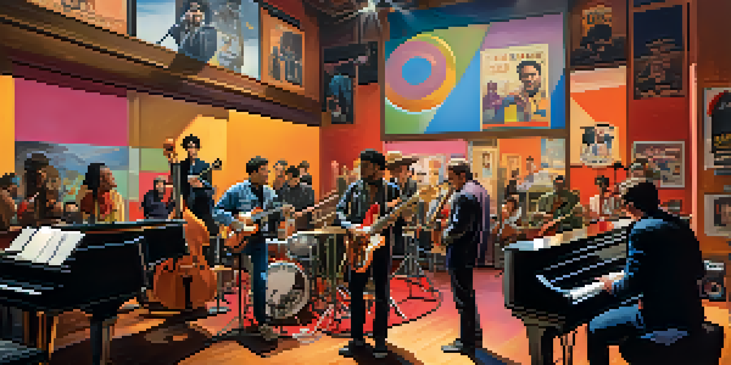 A lively film set where diverse musicians collaborate on a soundtrack, surrounded by colorful film posters and warm light streaming through windows.