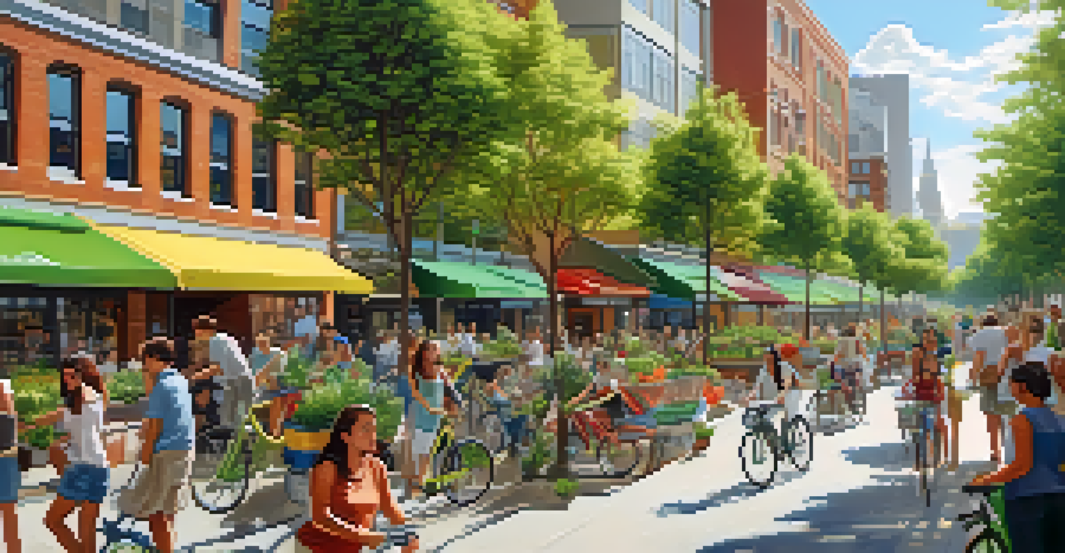 A busy city street featuring people riding bicycles and using reusable bags, with greenery and solar panels in the background.