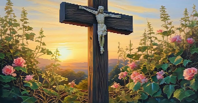 A wooden cross surrounded by vines and flowers during sunset, with warm golden light highlighting its textures.