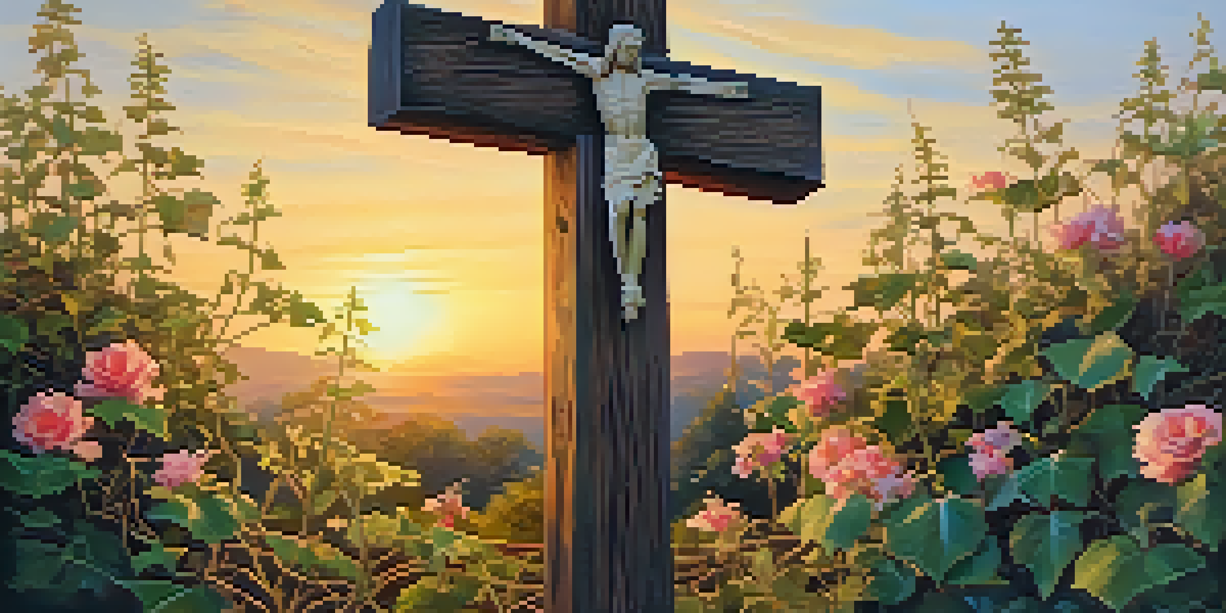 A wooden cross surrounded by vines and flowers during sunset, with warm golden light highlighting its textures.