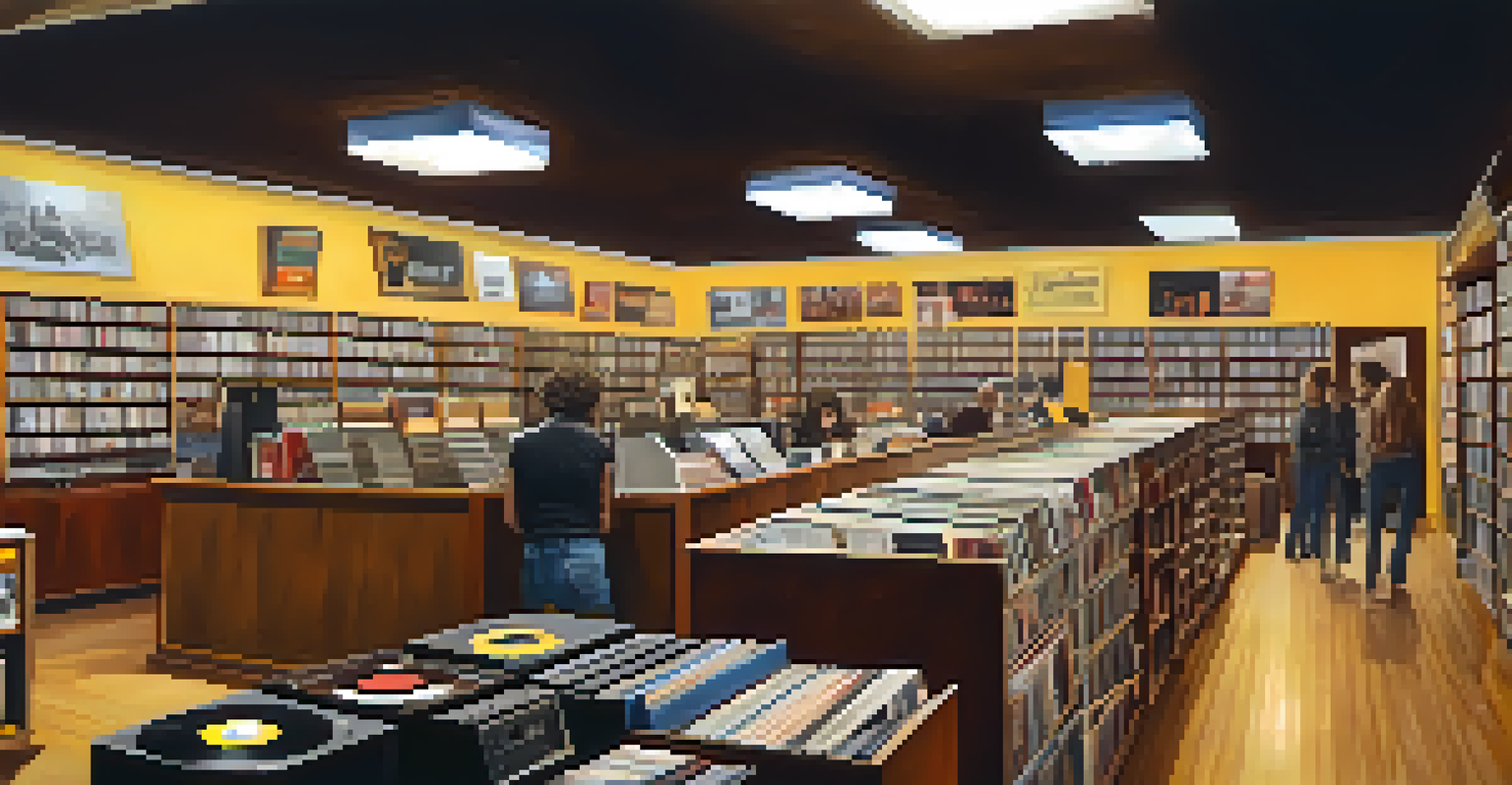 A vintage record store showcasing vinyl records from the 70s and 80s, with warm lighting and customers browsing.