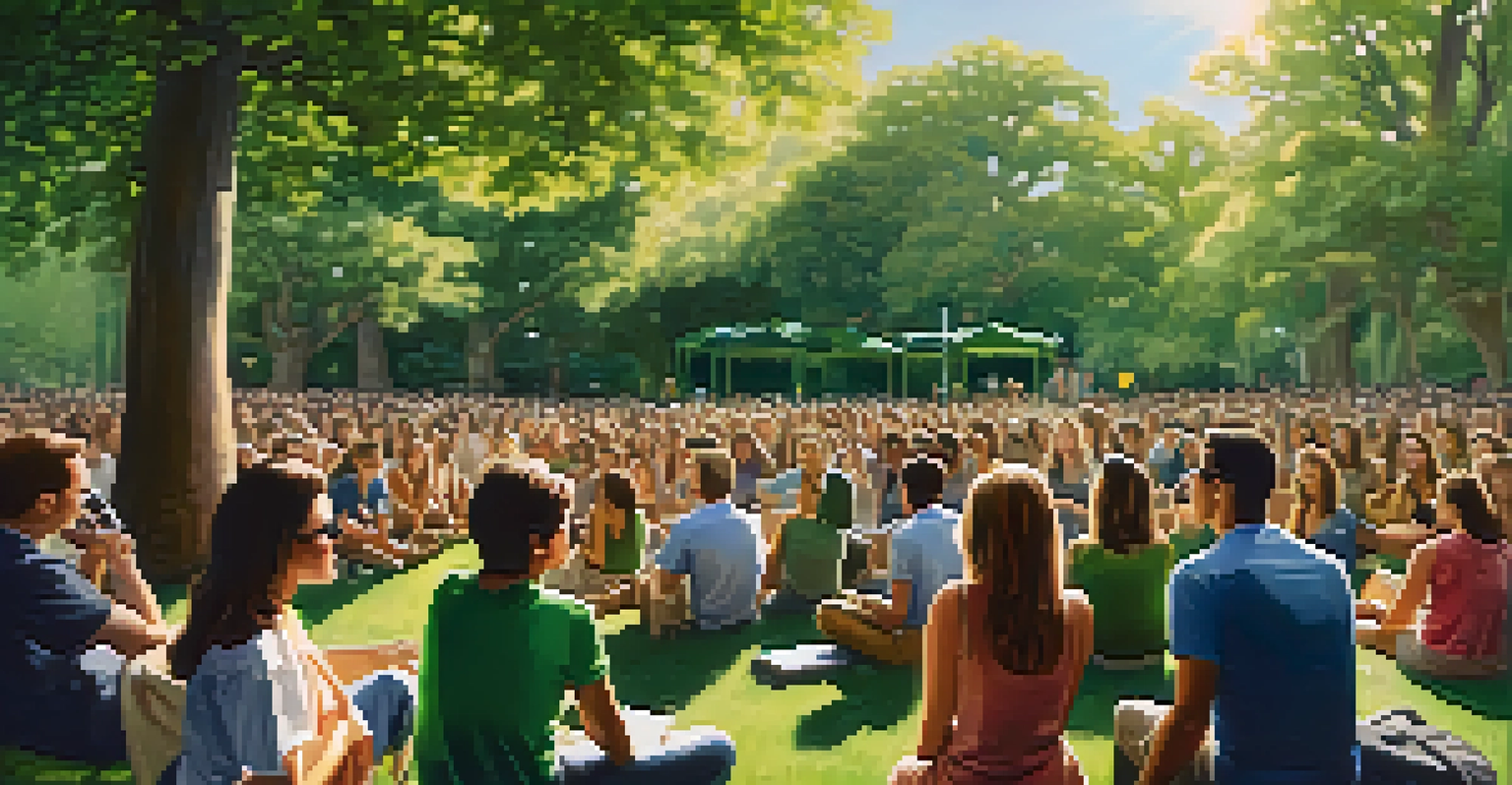 A celebrity speaking to fans in a lush park about environmental advocacy, surrounded by greenery and warm sunlight filtering through the trees.