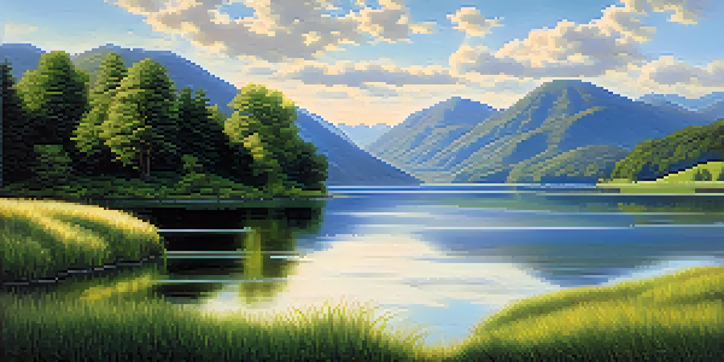 A peaceful lake scene with green mountains and a blue sky, reflecting the sunlight and clouds in the water.