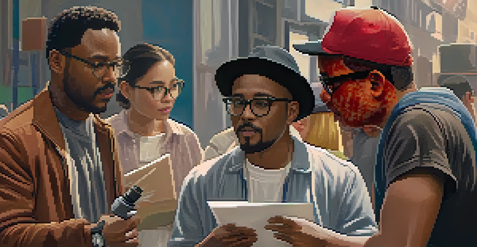 A director of color engaging with a diverse film crew on set, surrounded by film equipment.