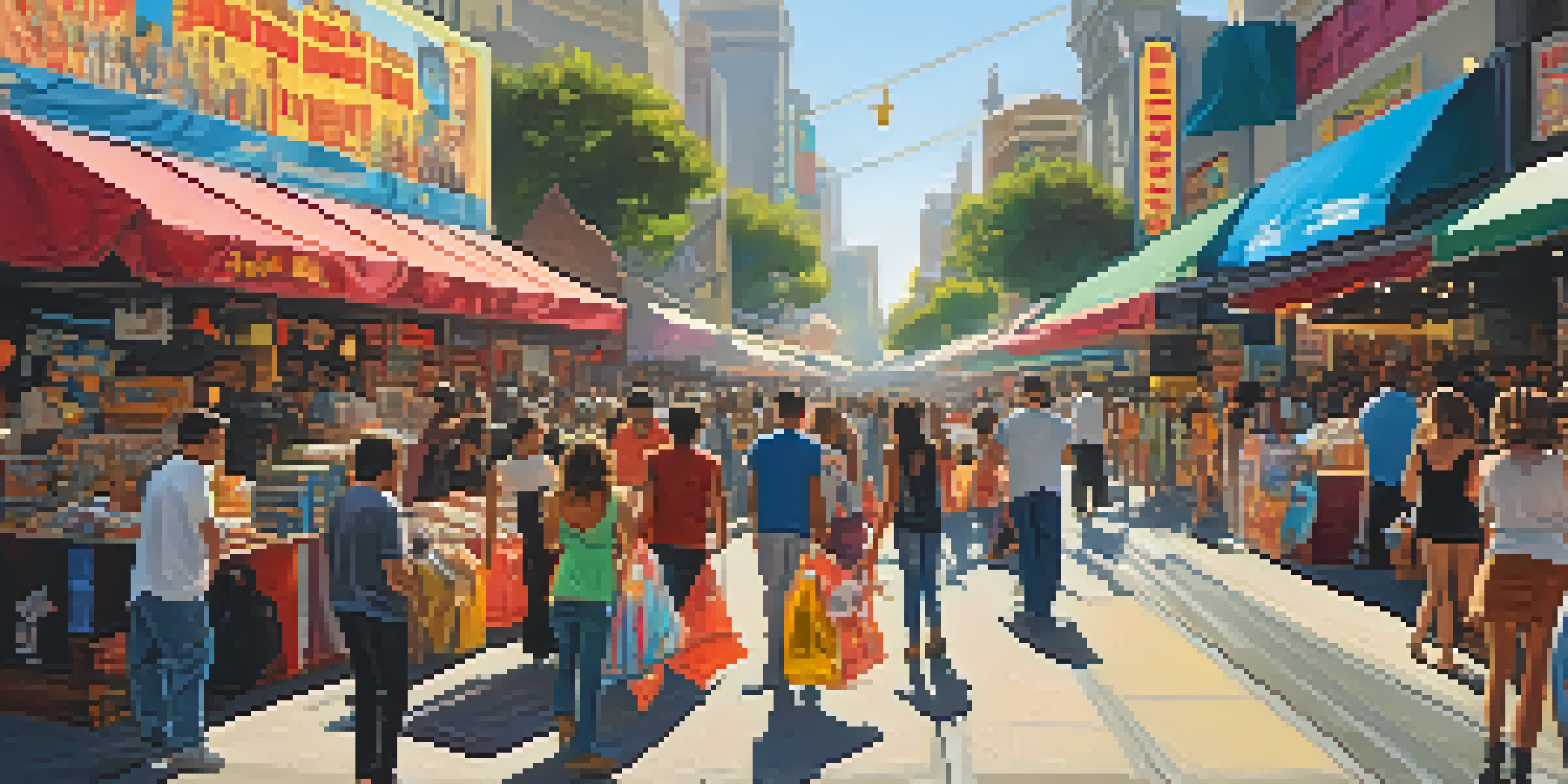 A lively Hollywood street with fans buying movie merchandise from colorful stalls, surrounded by film posters and merchandise bags.