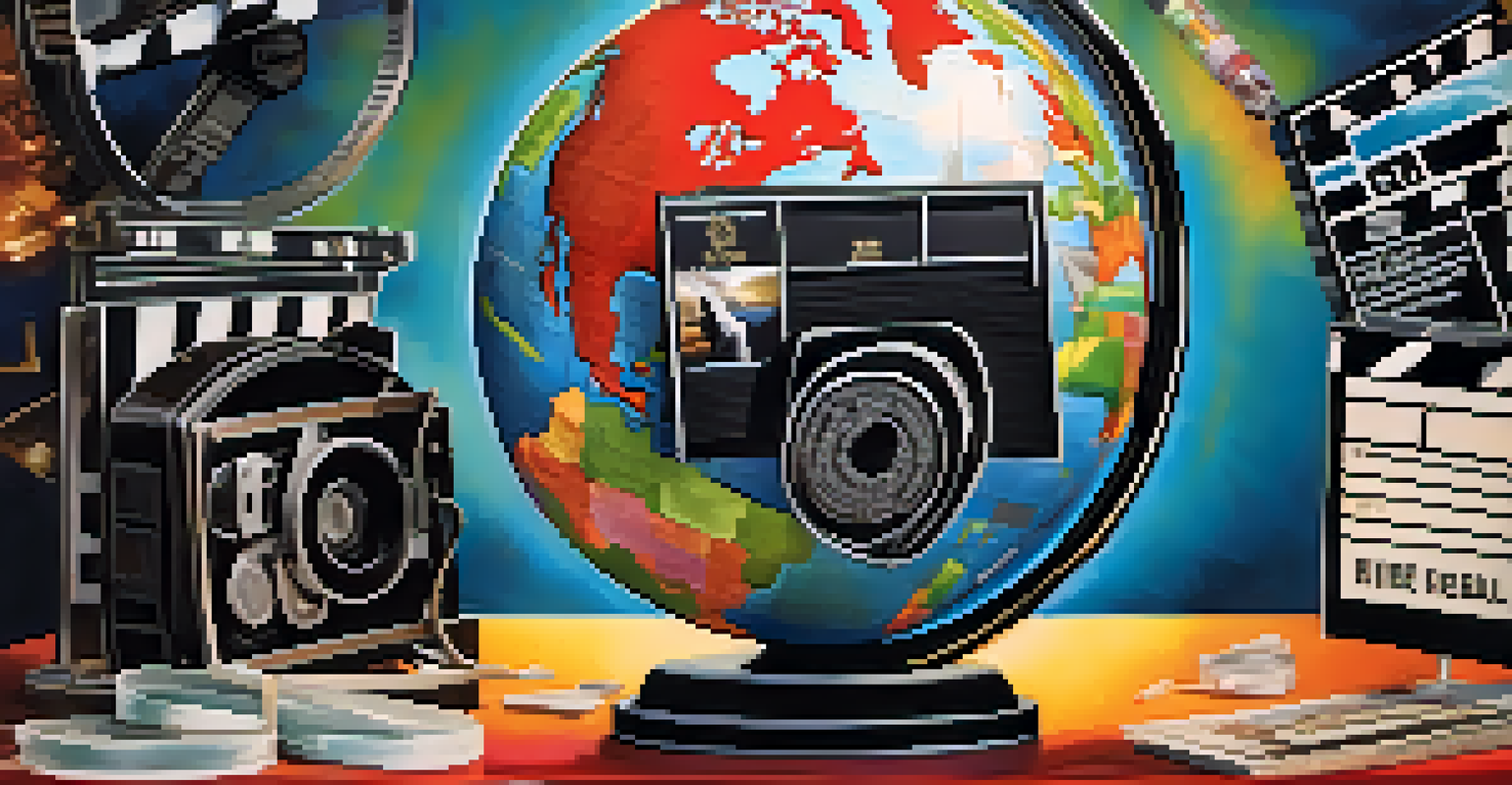 A globe surrounded by film elements like a clapperboard and camera, illustrating the global influence of Hollywood.