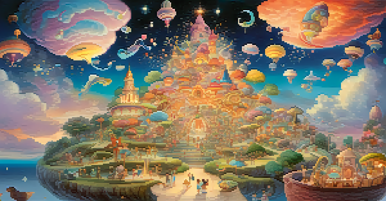 A colorful animated depiction of a whimsical afterlife with floating islands and joyful spirits.