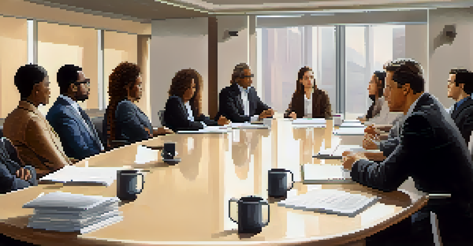A group of diverse actors in a conference room discussing contracts with documents and laptops on the table.