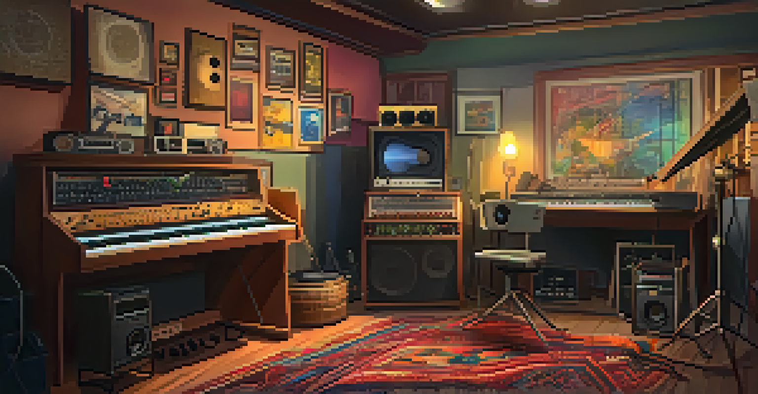A recording studio with diverse artists collaborating, filled with vintage equipment and warm lighting.
