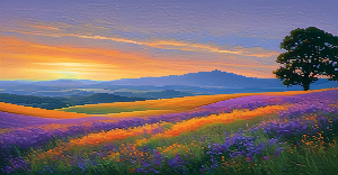 A tranquil landscape at sunset with rolling hills, a silhouetted tree, and colorful sky with wildflowers in the foreground.