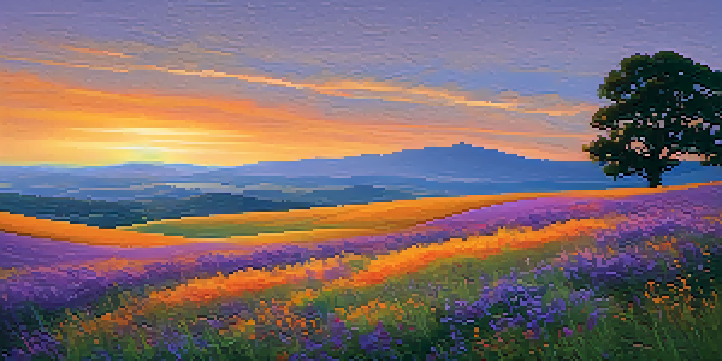 A tranquil landscape at sunset with rolling hills, a silhouetted tree, and colorful sky with wildflowers in the foreground.