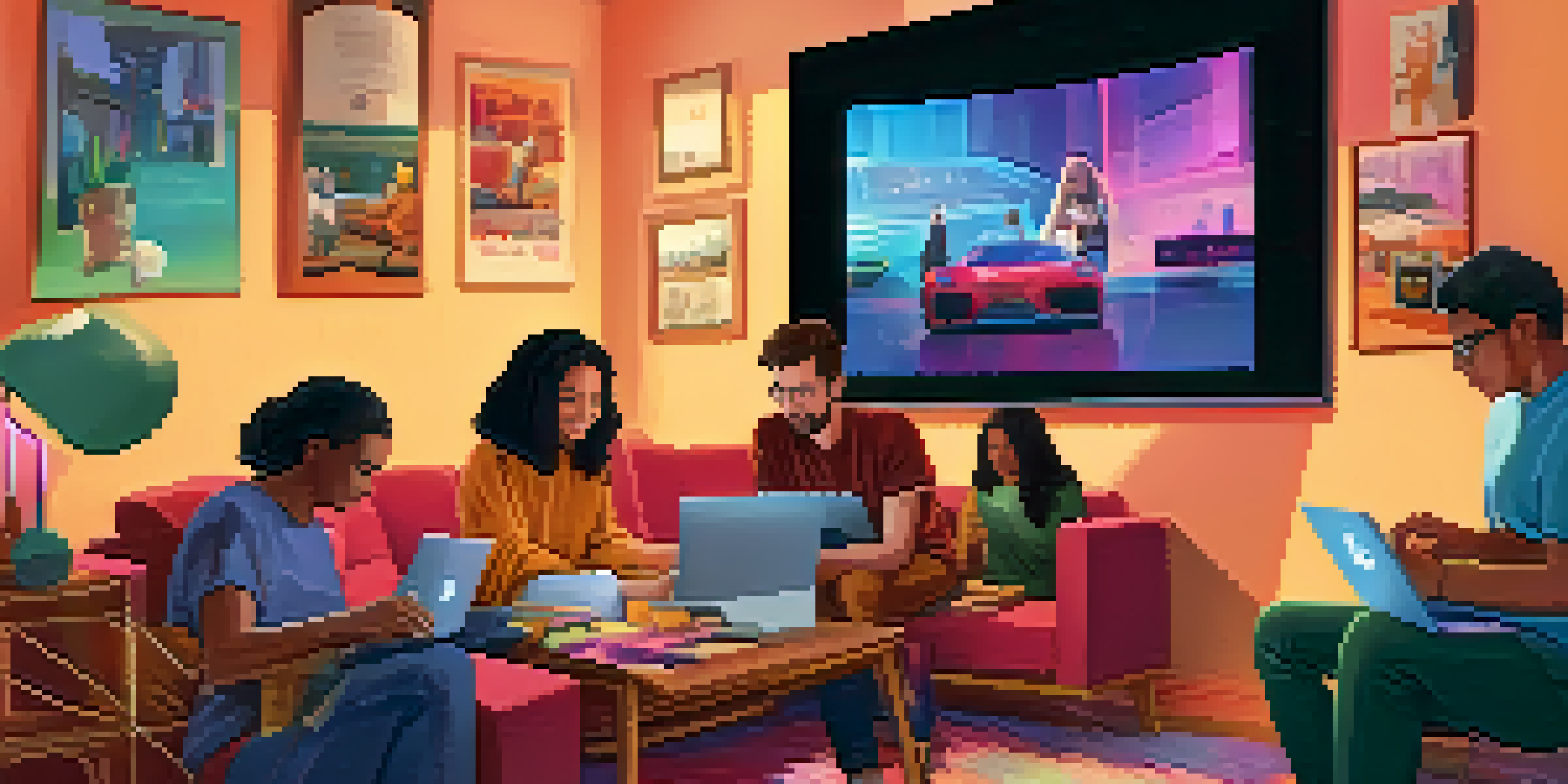 A diverse group of people participating in a virtual film festival from home, surrounded by colorful film posters and a cozy atmosphere.