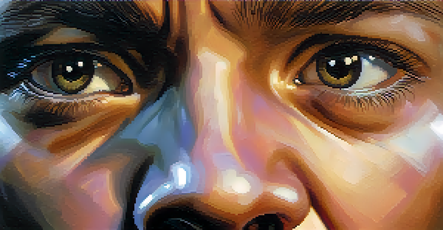 Close-up of a character's face showing fear and determination against a blurred dark background.