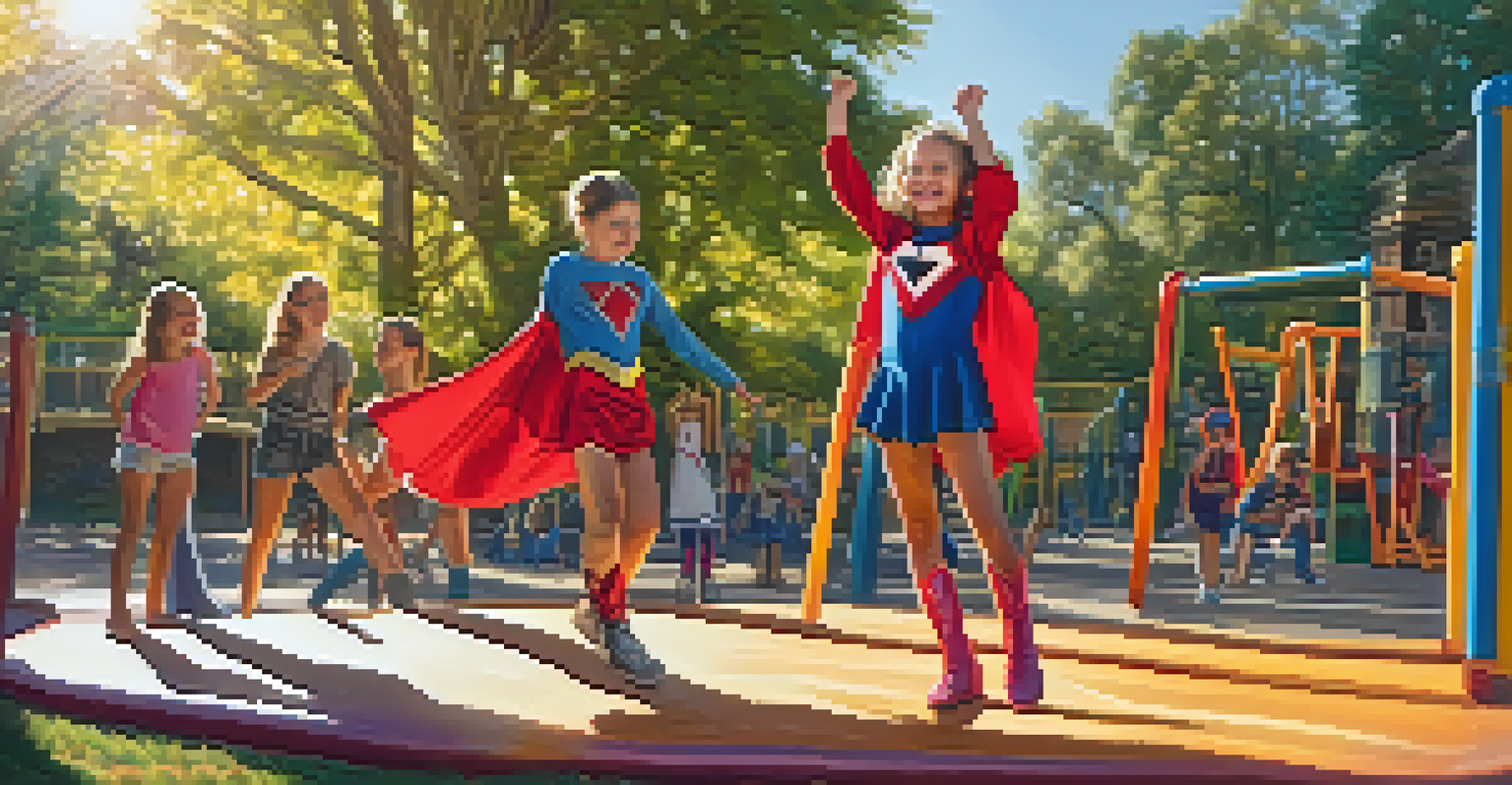 A young girl in a superhero costume confidently posing on a playground, with sunlight filtering through trees.