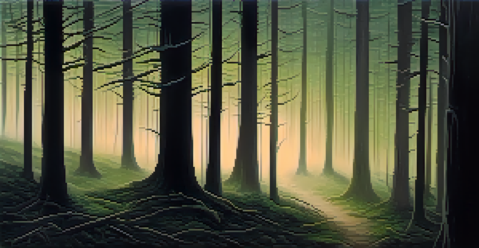 Eerie twilight forest scene with tall trees, mist, and a narrow path illuminated by faint lights, featuring deep greens and grays.