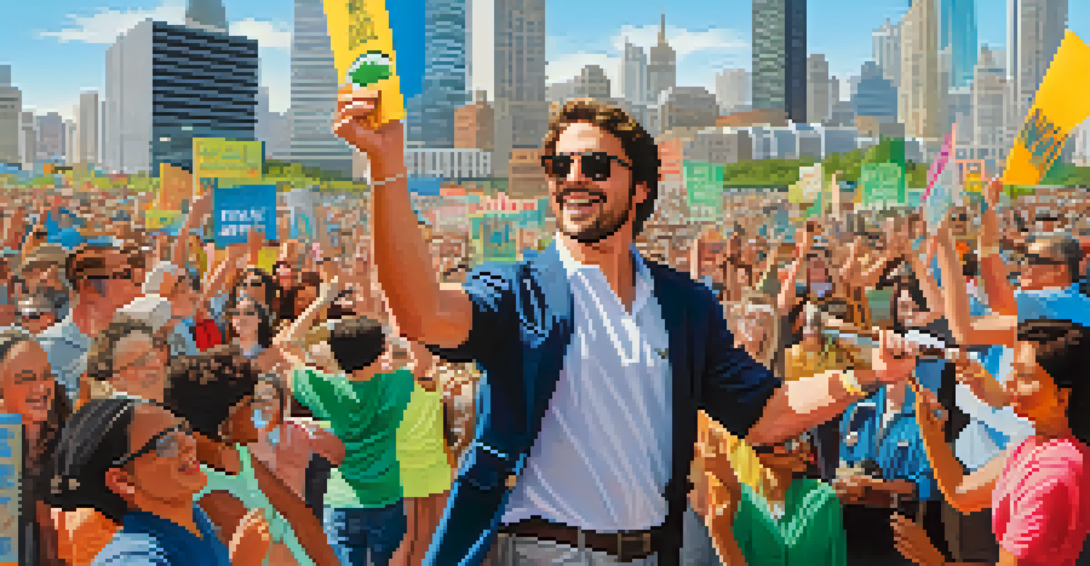 A celebrity engaging with fans at a climate change awareness rally in an urban setting, with a diverse crowd holding signs about sustainability and climate action.
