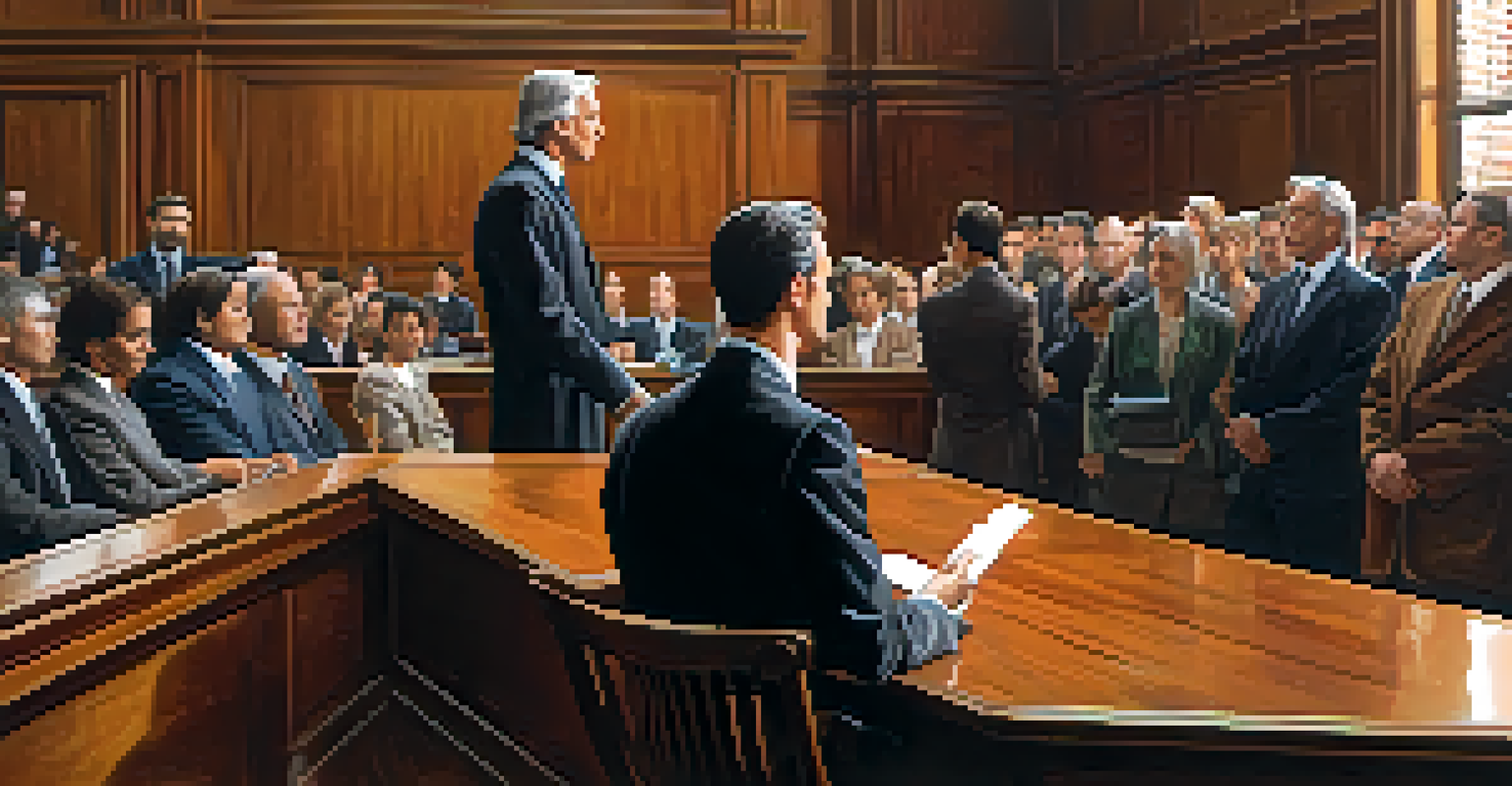 A courtroom with a lawyer presenting evidence to an engaged jury under warm natural light.