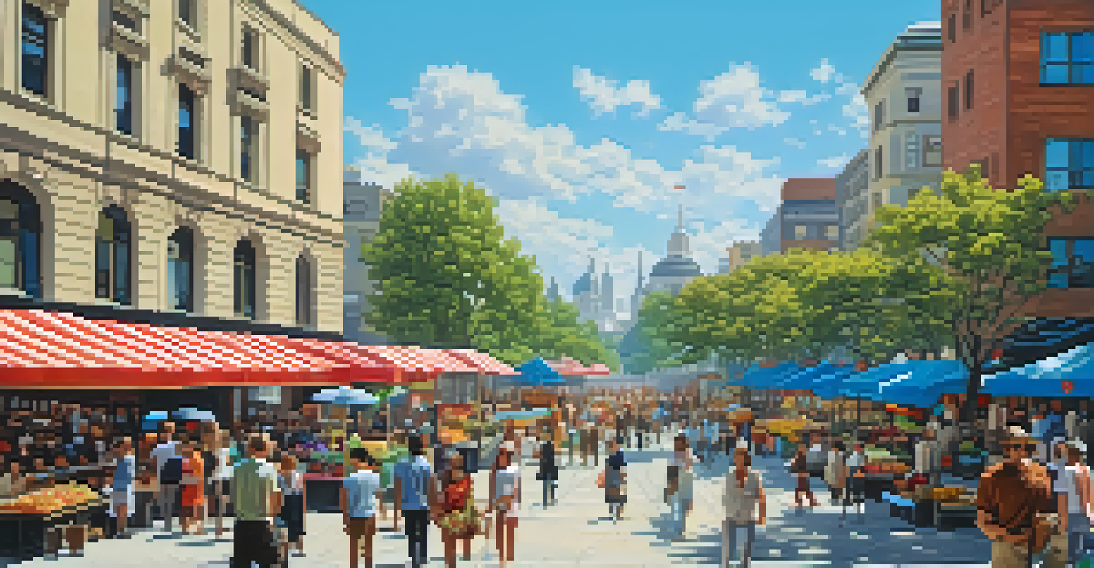 A lively city square with people, street vendors, and modern buildings on a sunny day.