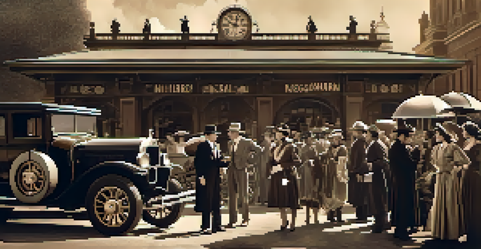 A vintage film set depicting a silent film director and actors in period costumes at a train station, with soft sepia tones and dramatic lighting.