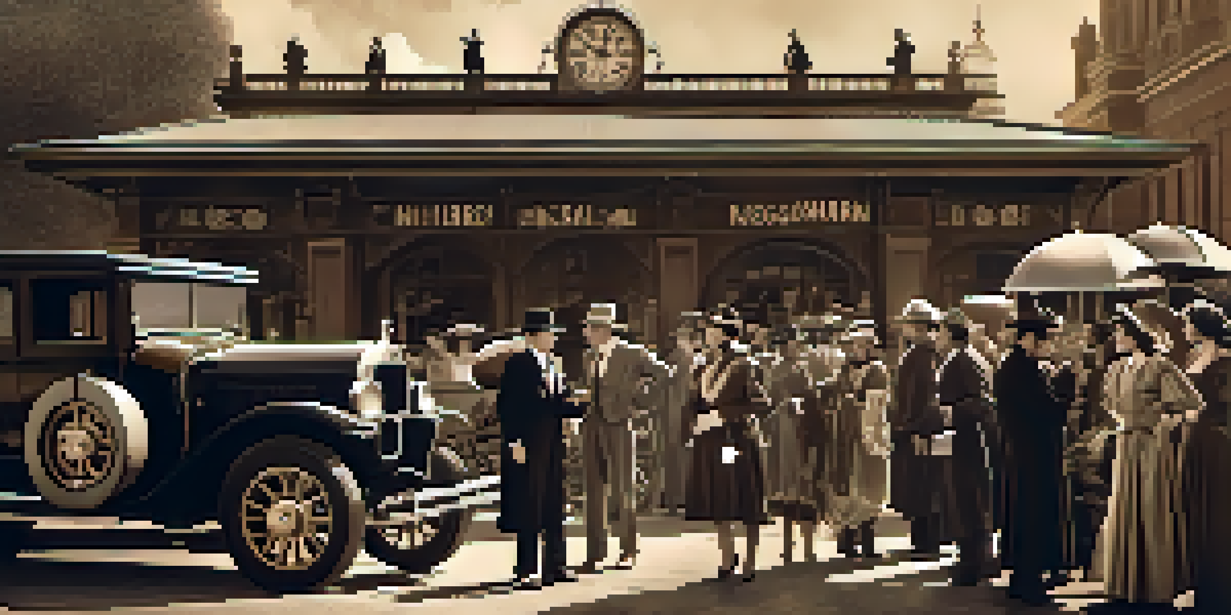 A vintage film set depicting a silent film director and actors in period costumes at a train station, with soft sepia tones and dramatic lighting.