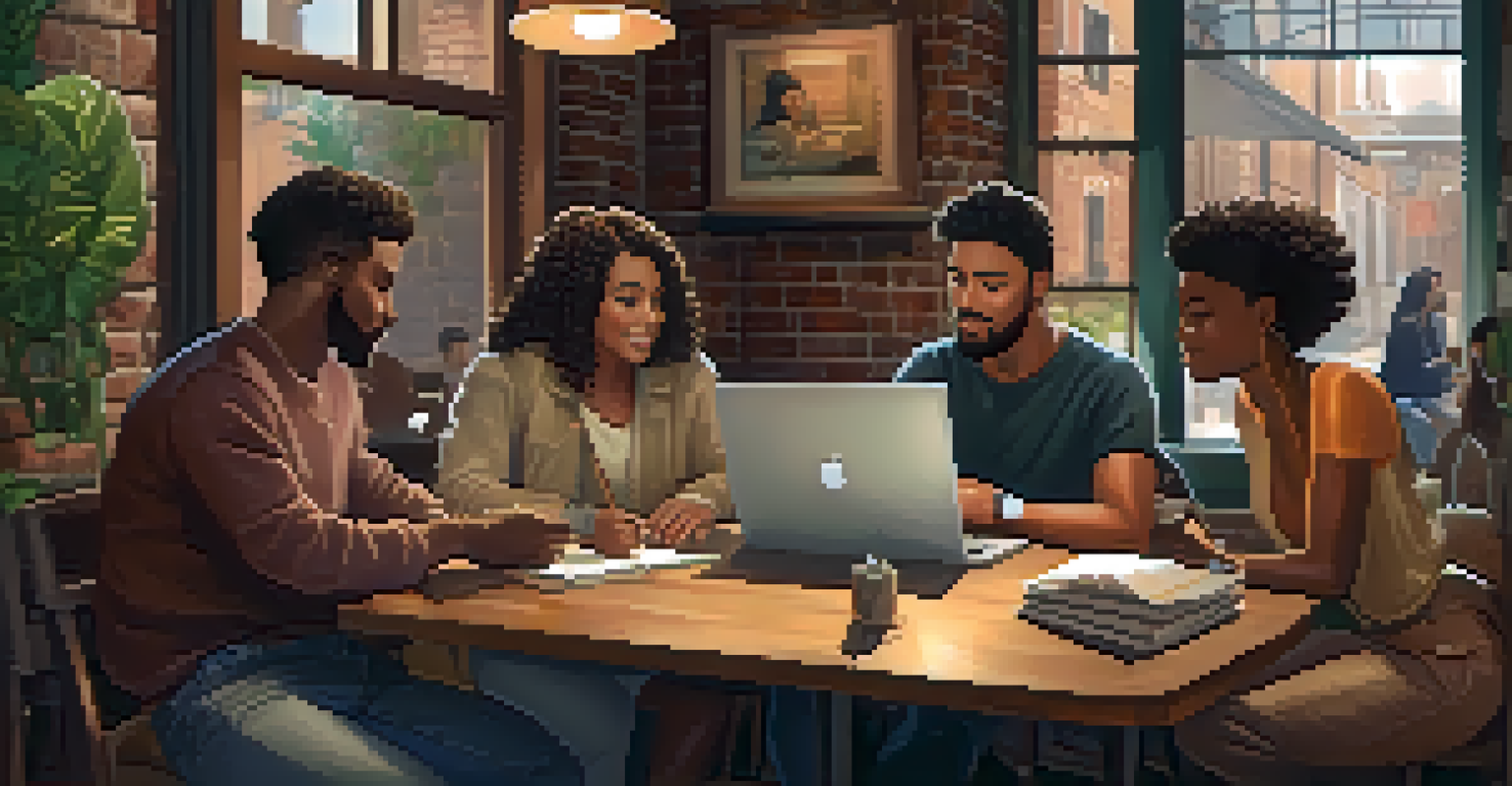 A diverse group of writers at a cafe, sharing ideas and working on their stories in a cozy environment.