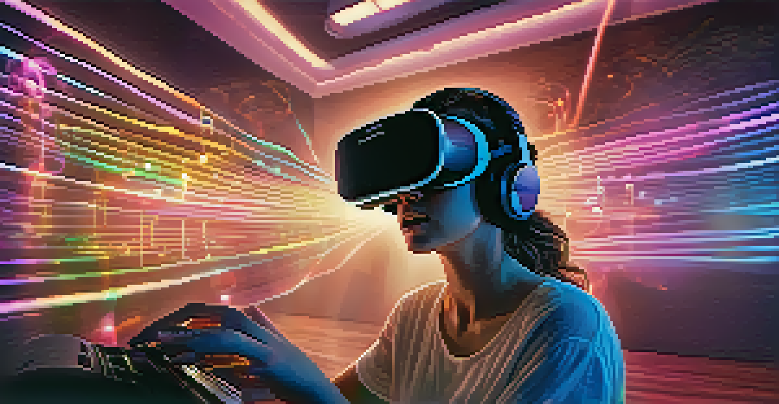 A futuristic scene of a composer using virtual reality goggles to create music with holographic effects.